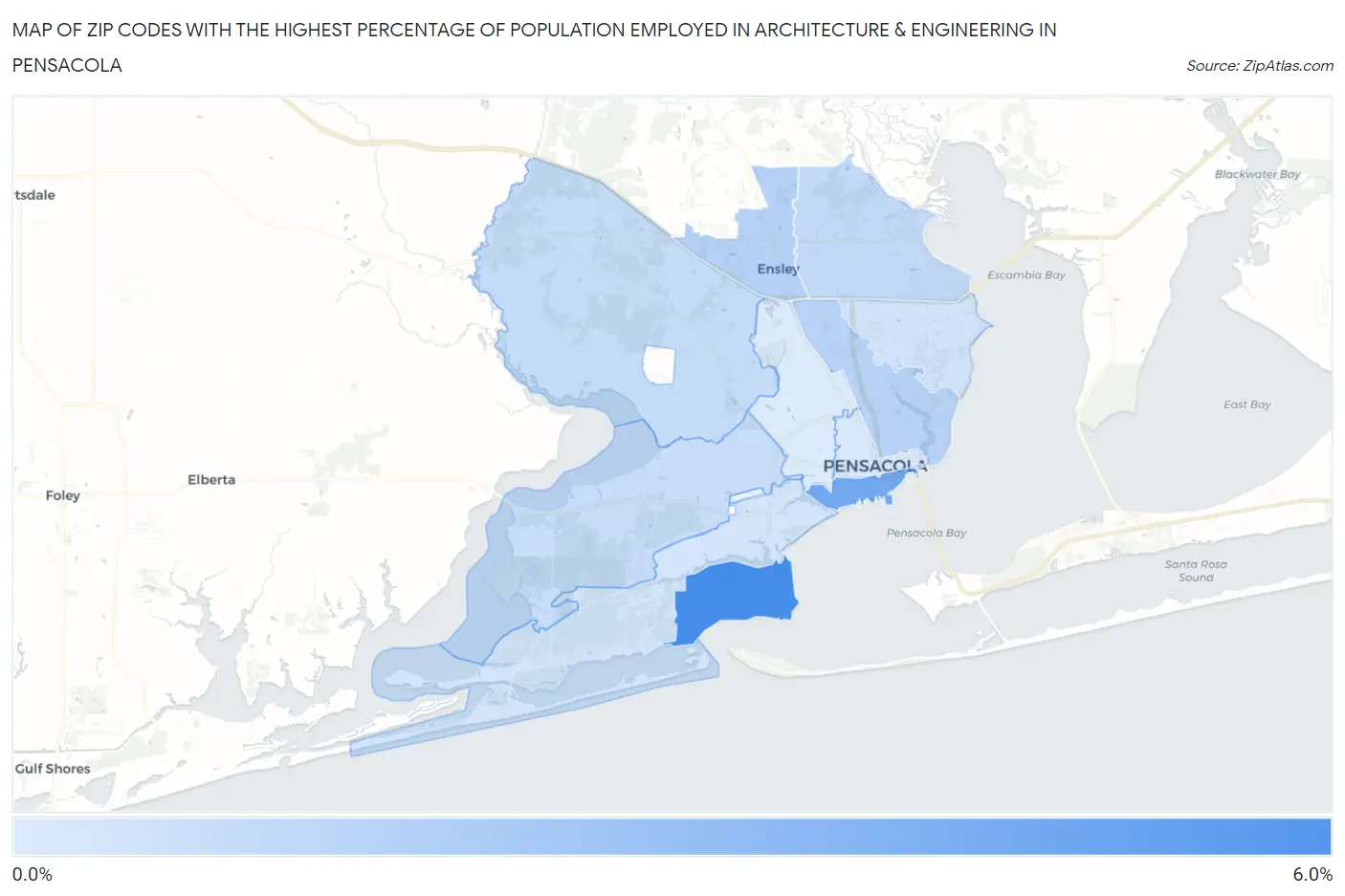 Zip Codes with the Highest Percentage of Population Employed in Architecture & Engineering in Pensacola Map