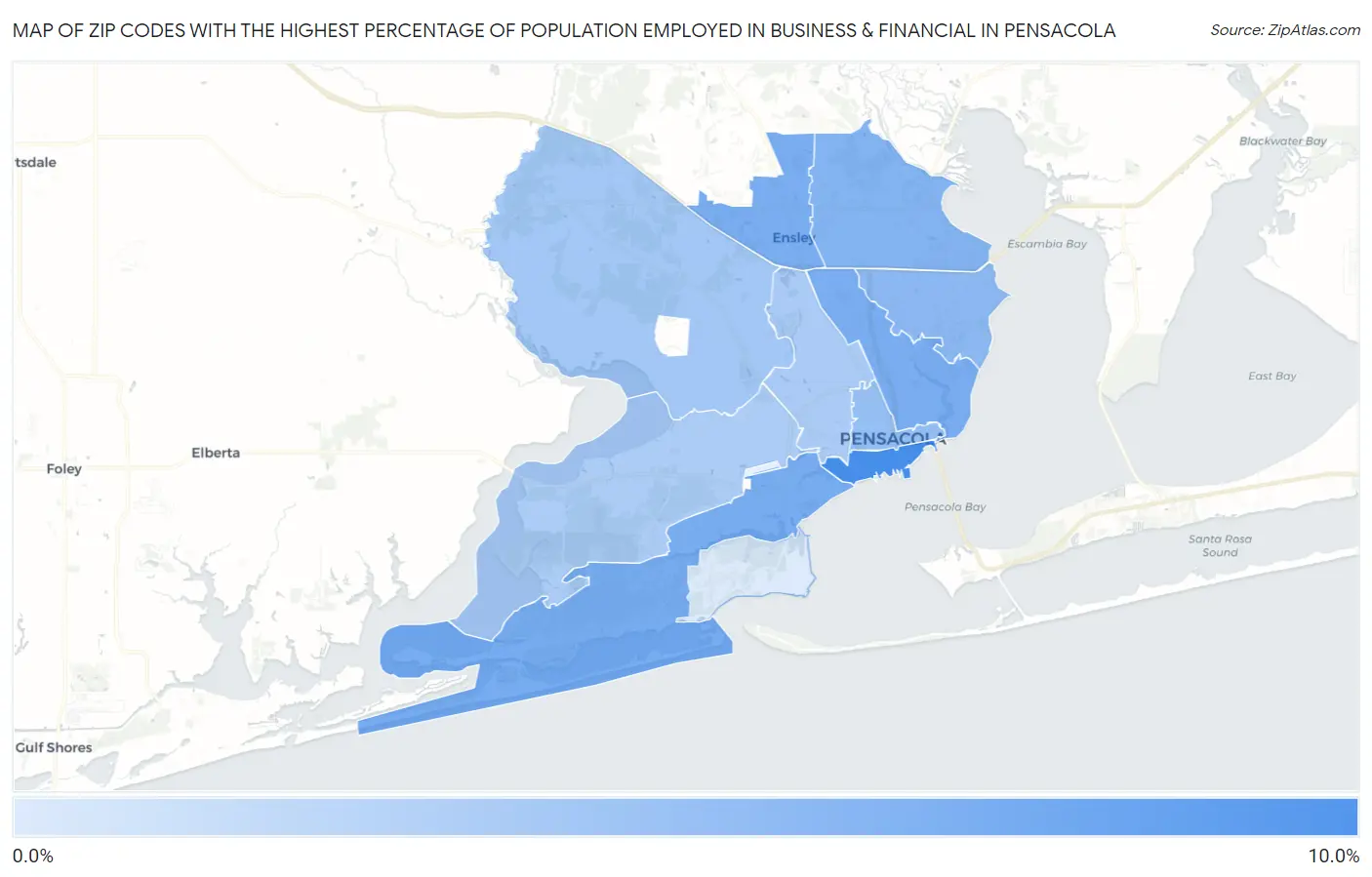 Zip Codes with the Highest Percentage of Population Employed in Business & Financial in Pensacola Map