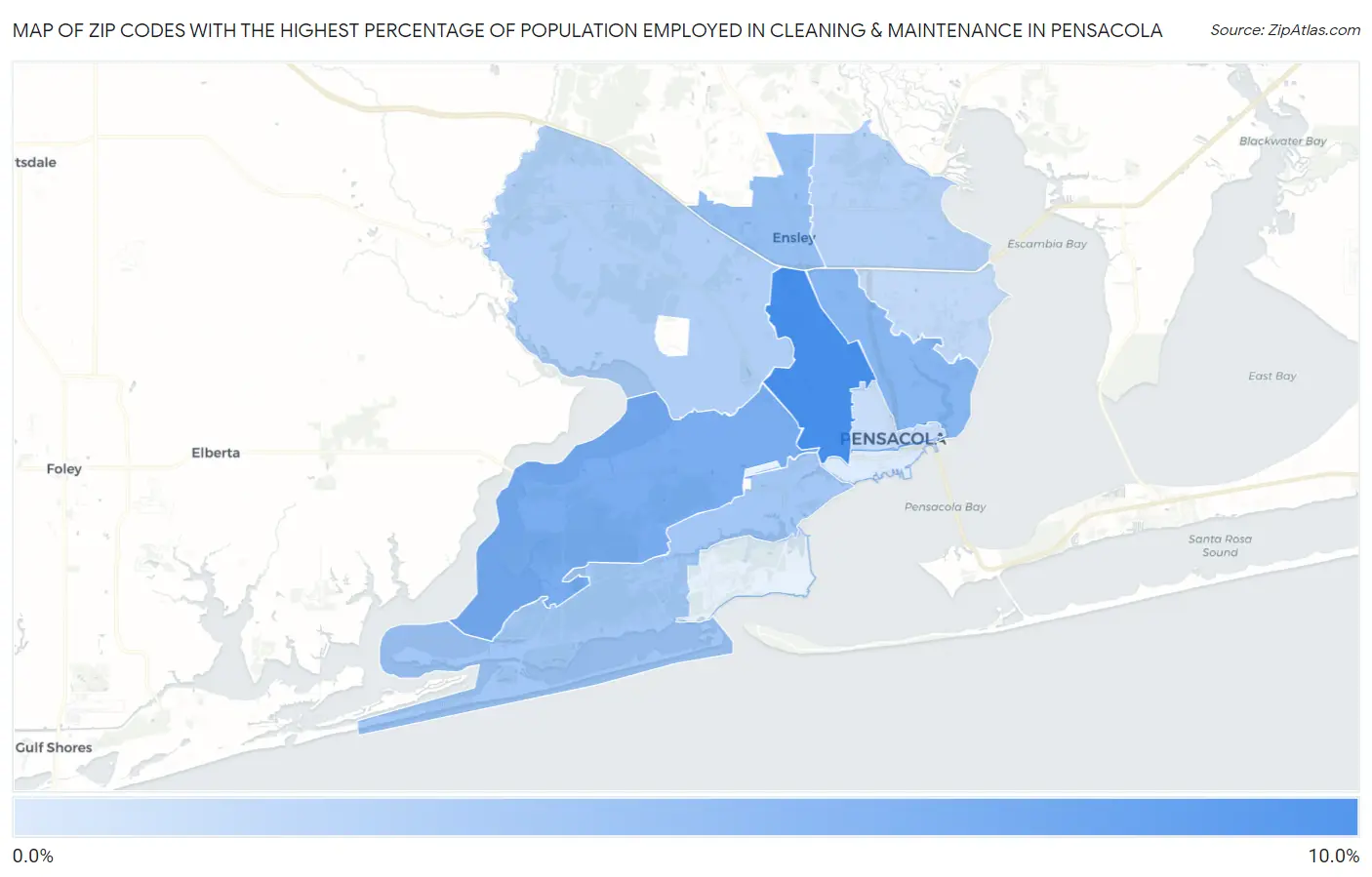 Zip Codes with the Highest Percentage of Population Employed in Cleaning & Maintenance in Pensacola Map