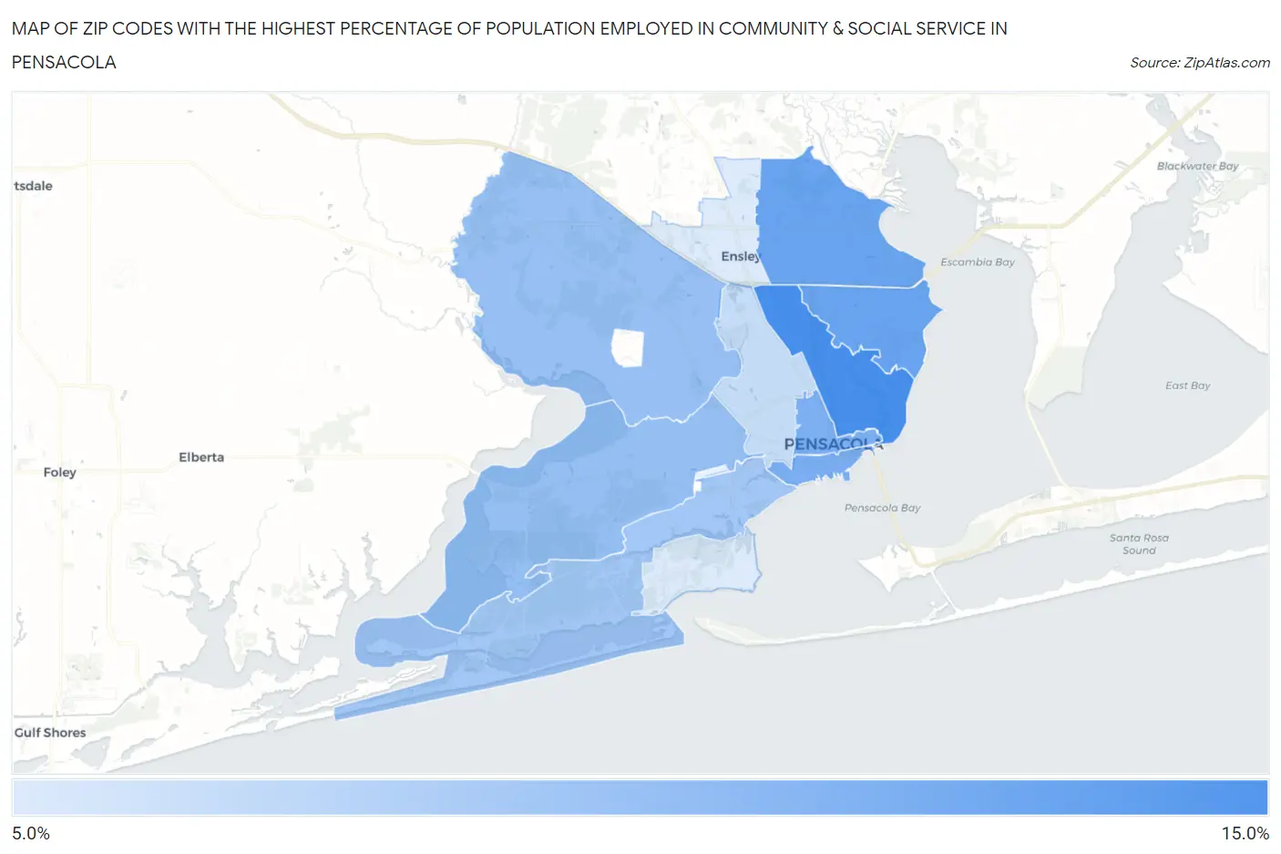 Zip Codes with the Highest Percentage of Population Employed in Community & Social Service  in Pensacola Map