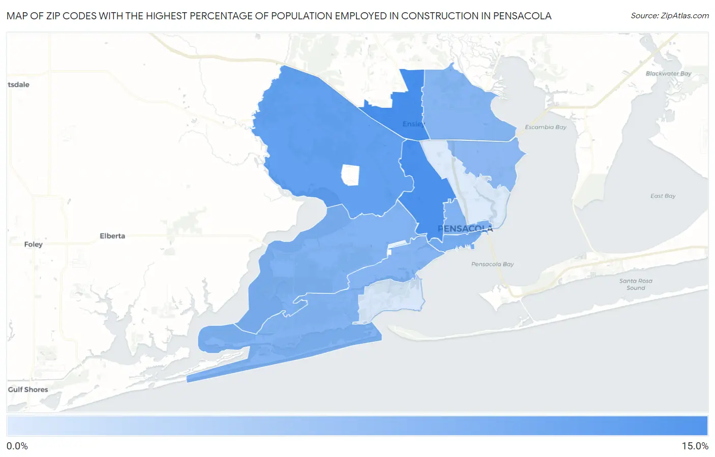 Zip Codes with the Highest Percentage of Population Employed in Construction in Pensacola Map