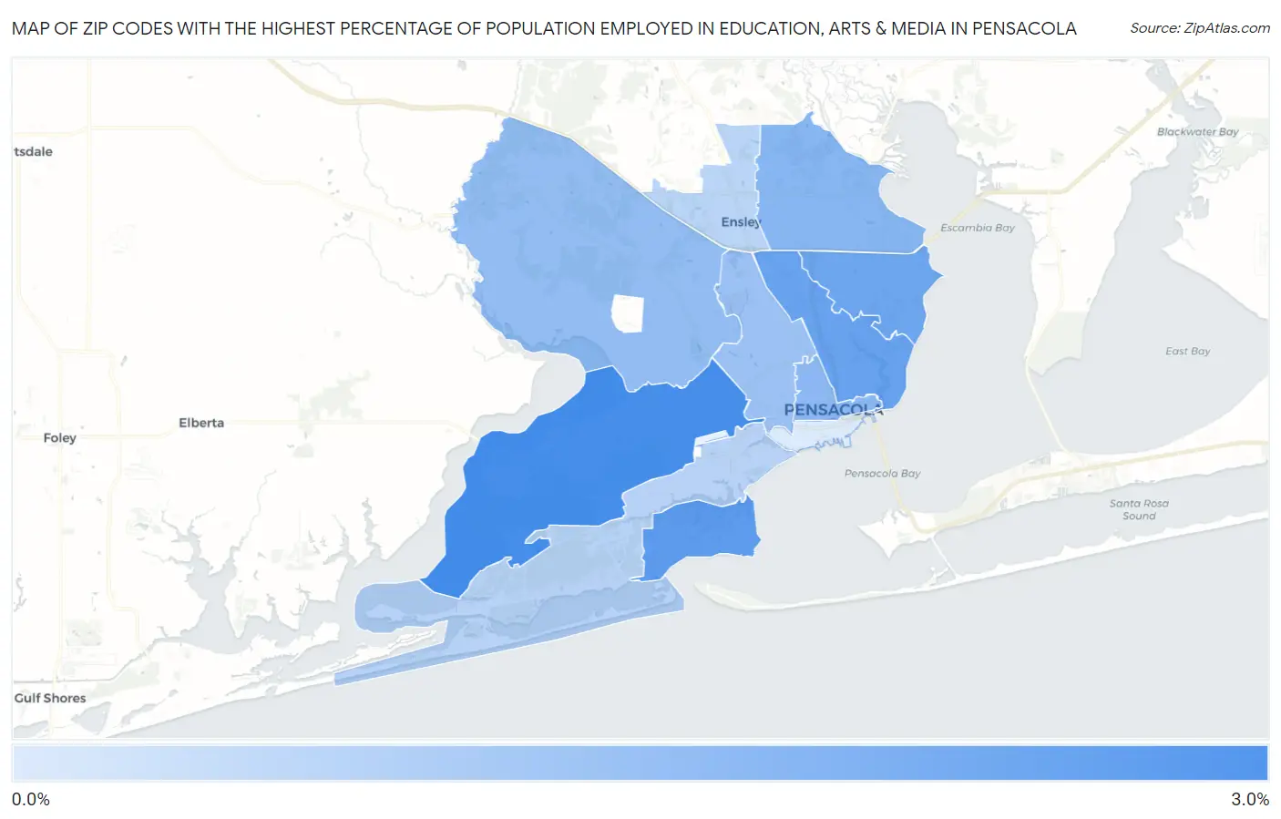 Zip Codes with the Highest Percentage of Population Employed in Education, Arts & Media in Pensacola Map