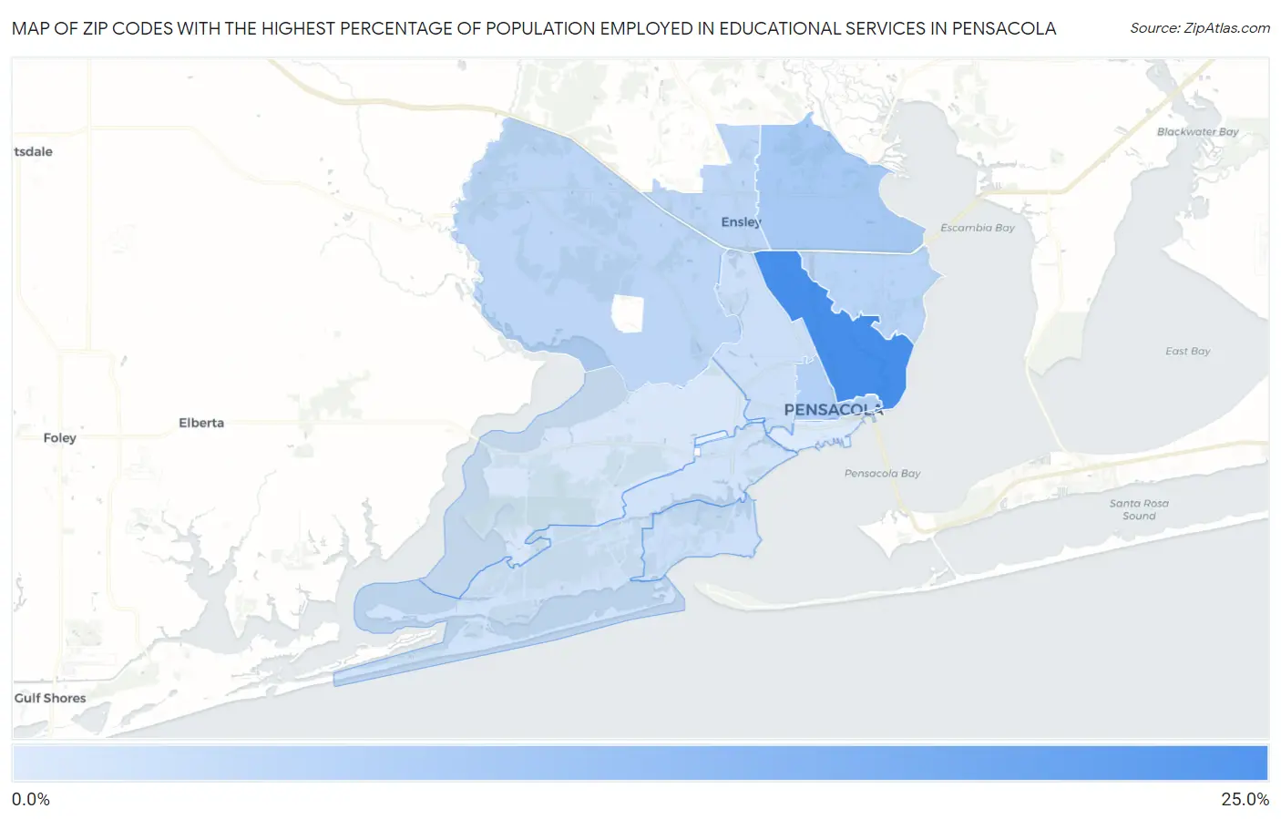 Zip Codes with the Highest Percentage of Population Employed in Educational Services in Pensacola Map