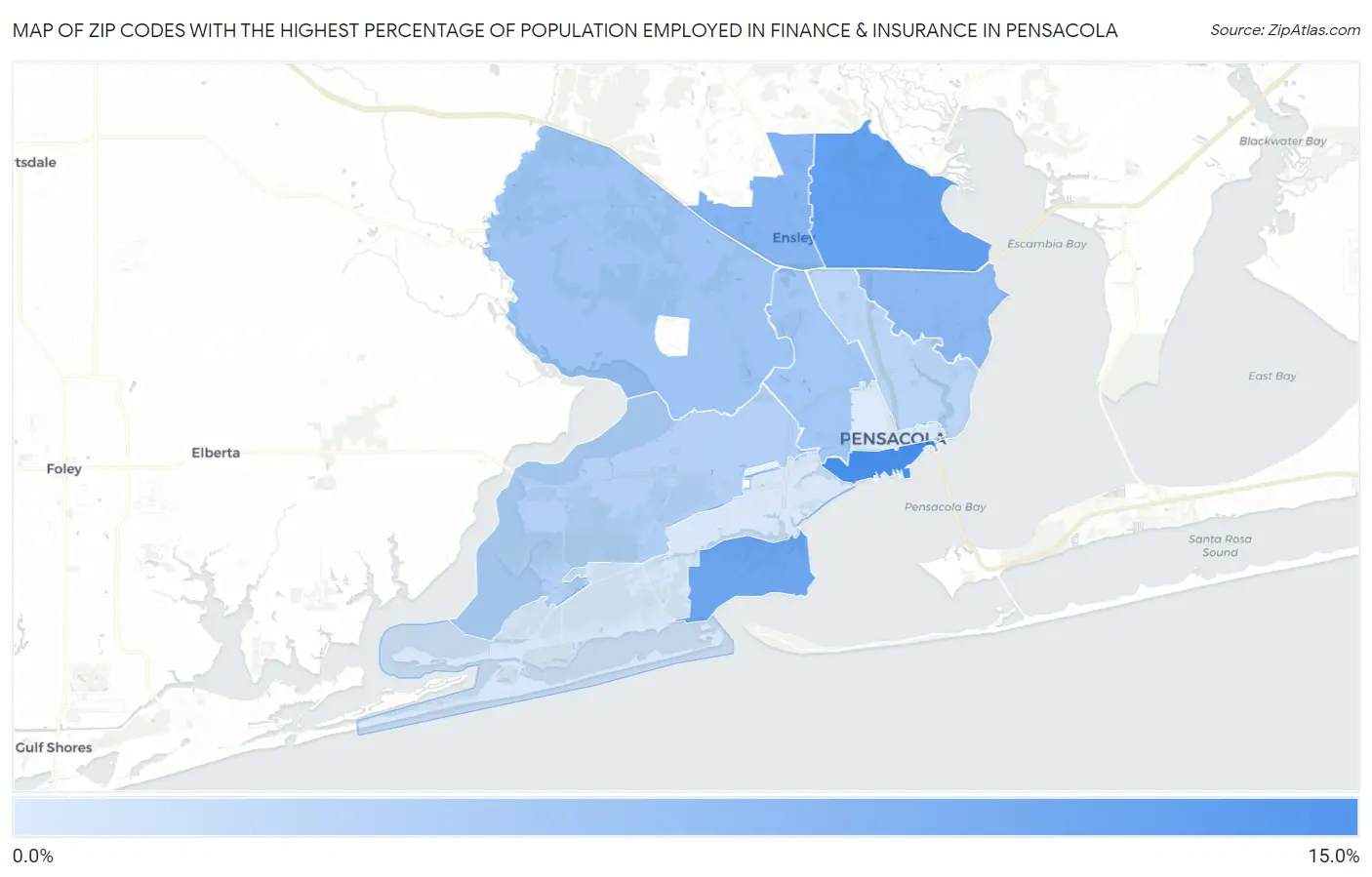 Zip Codes with the Highest Percentage of Population Employed in Finance & Insurance in Pensacola Map