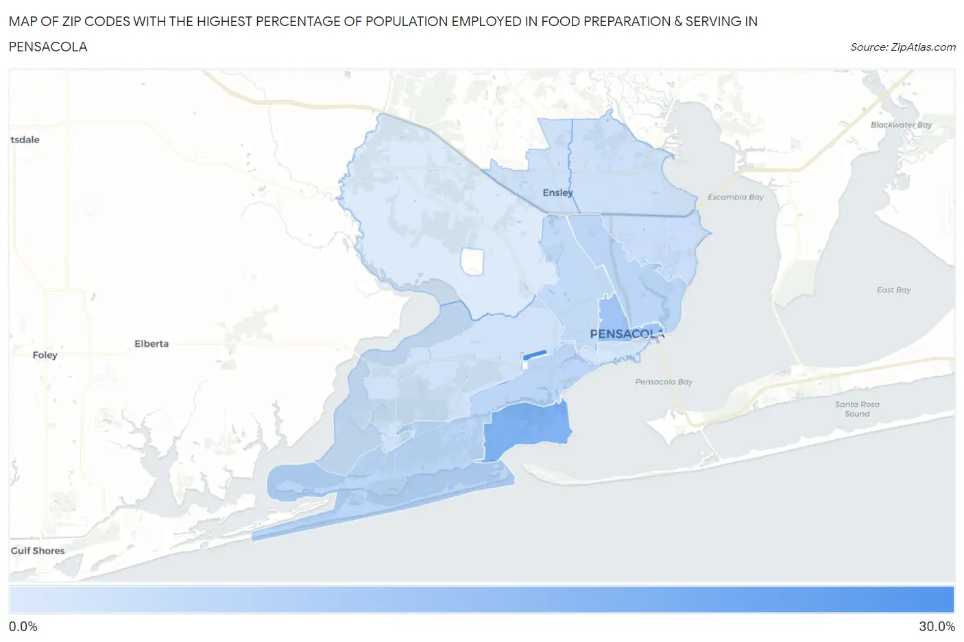 Zip Codes with the Highest Percentage of Population Employed in Food Preparation & Serving in Pensacola Map