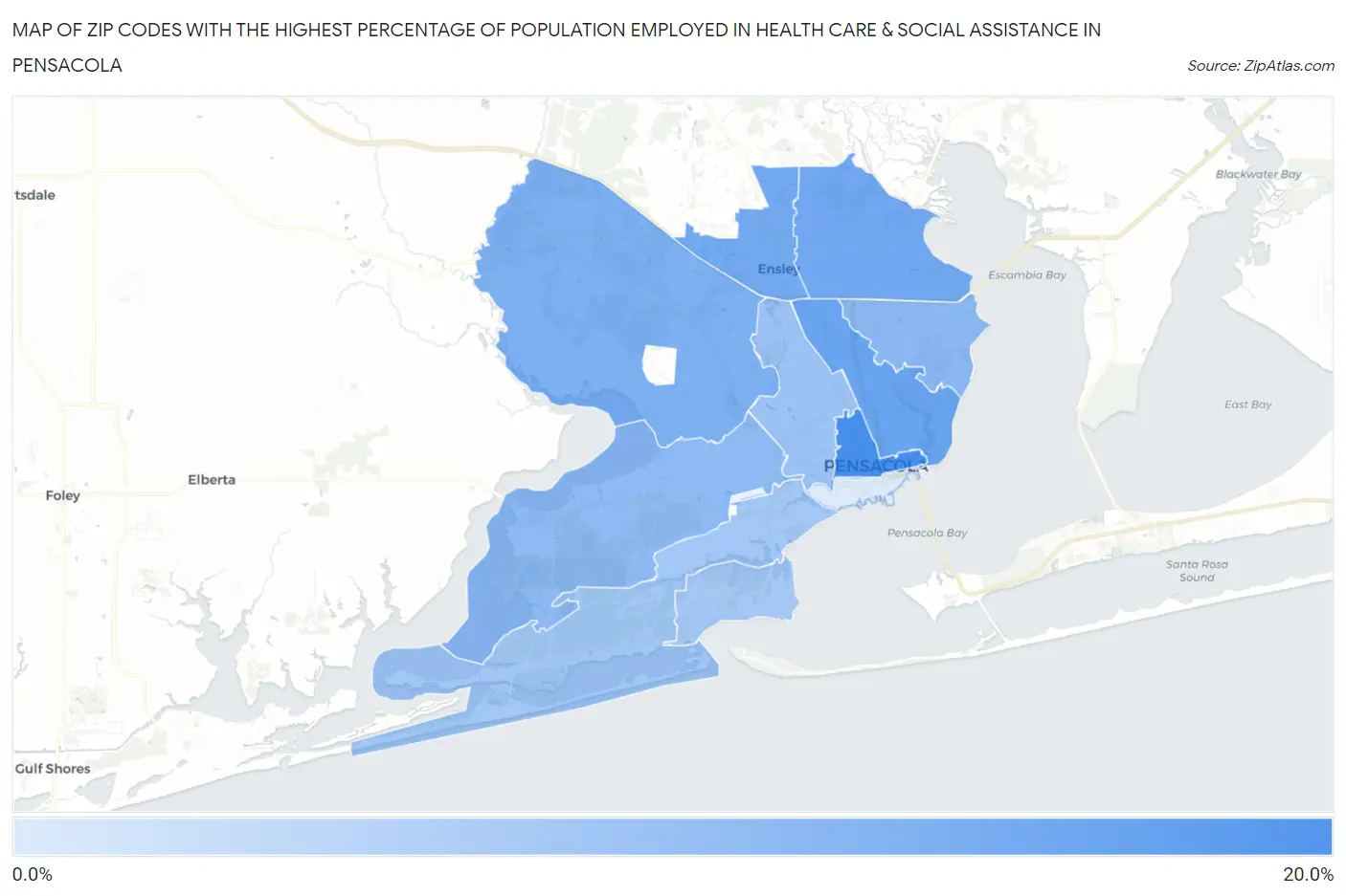 Zip Codes with the Highest Percentage of Population Employed in Health Care & Social Assistance in Pensacola Map
