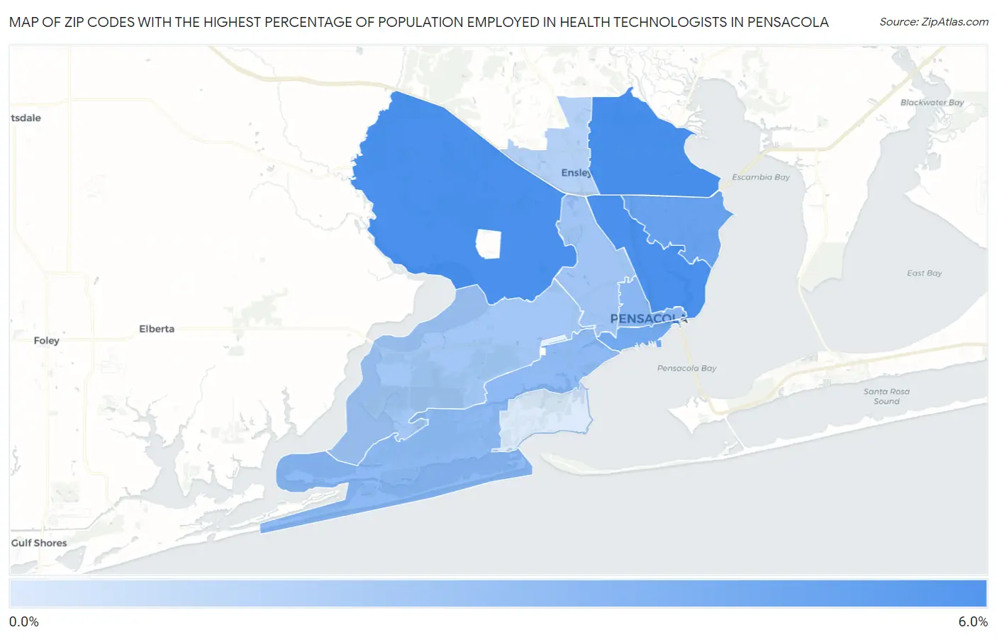 Zip Codes with the Highest Percentage of Population Employed in Health Technologists in Pensacola Map