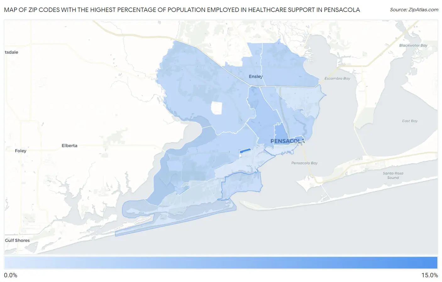 Zip Codes with the Highest Percentage of Population Employed in Healthcare Support in Pensacola Map