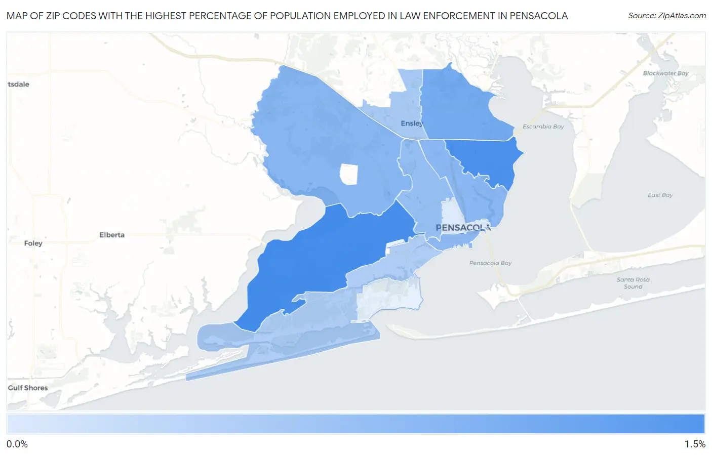 Zip Codes with the Highest Percentage of Population Employed in Law Enforcement in Pensacola Map