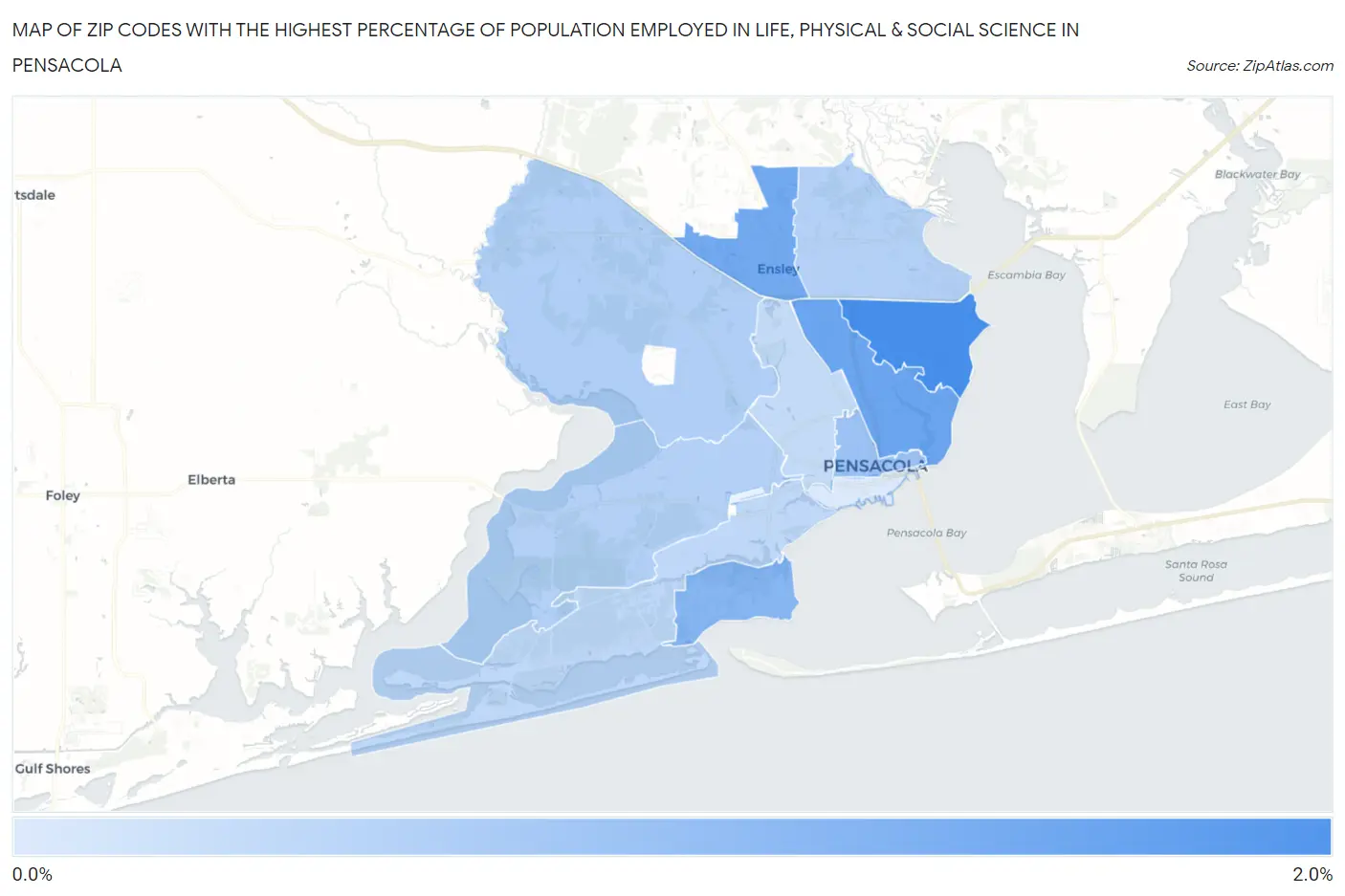 Zip Codes with the Highest Percentage of Population Employed in Life, Physical & Social Science in Pensacola Map
