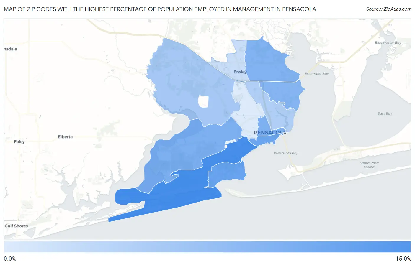 Zip Codes with the Highest Percentage of Population Employed in Management in Pensacola Map
