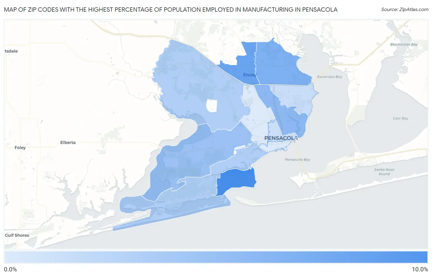 Zip Codes with the Highest Percentage of Population Employed in Manufacturing in Pensacola Map