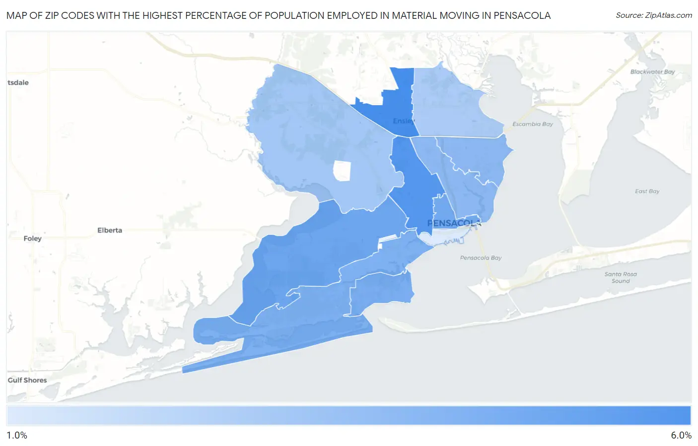 Zip Codes with the Highest Percentage of Population Employed in Material Moving in Pensacola Map