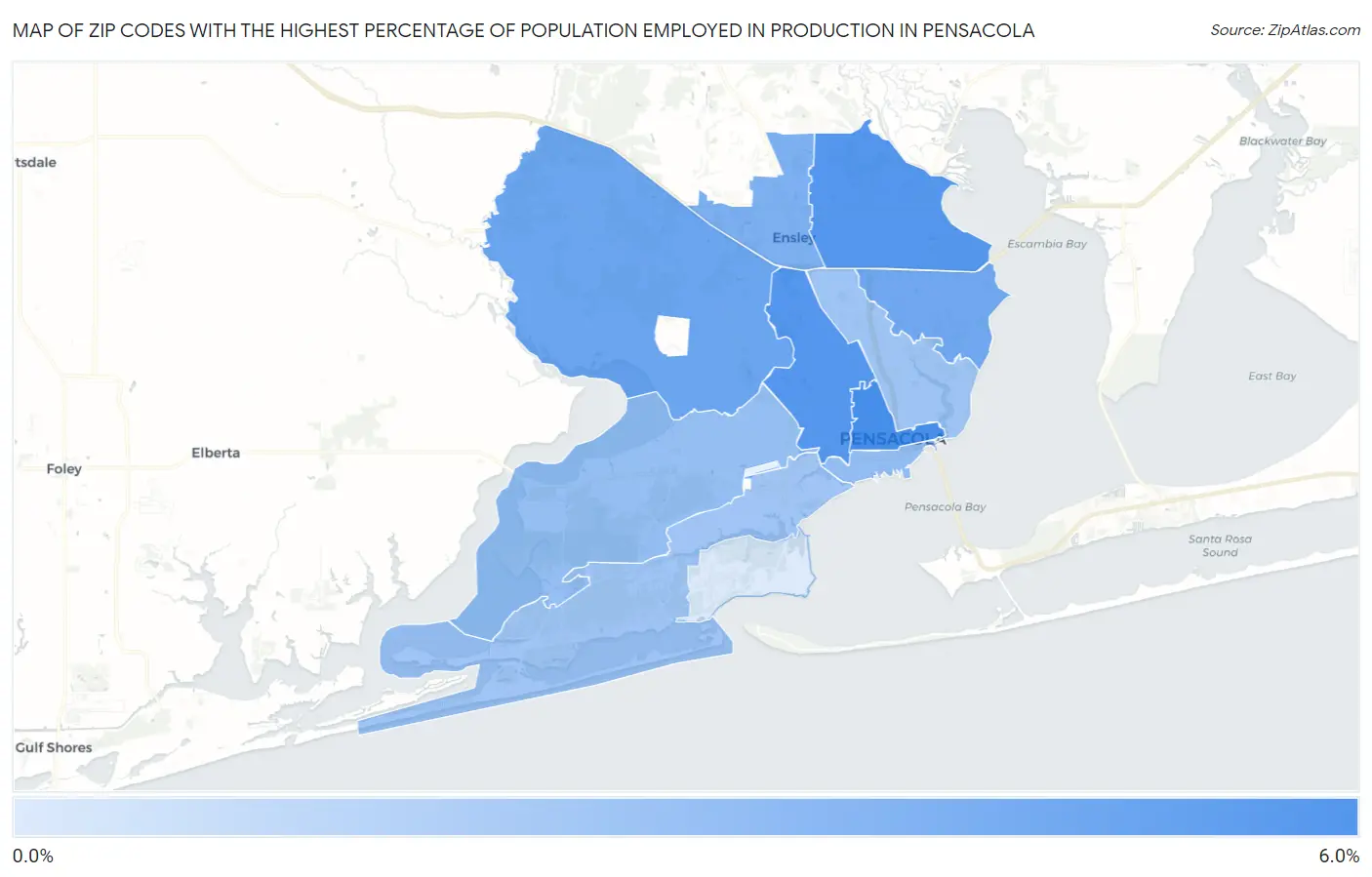 Zip Codes with the Highest Percentage of Population Employed in Production in Pensacola Map