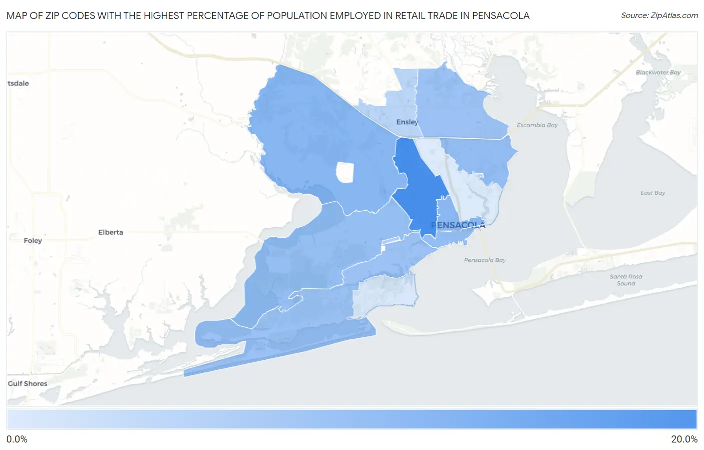 Zip Codes with the Highest Percentage of Population Employed in Retail Trade in Pensacola Map