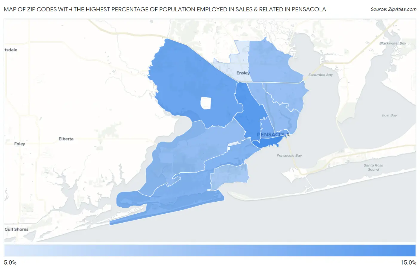 Zip Codes with the Highest Percentage of Population Employed in Sales & Related in Pensacola Map
