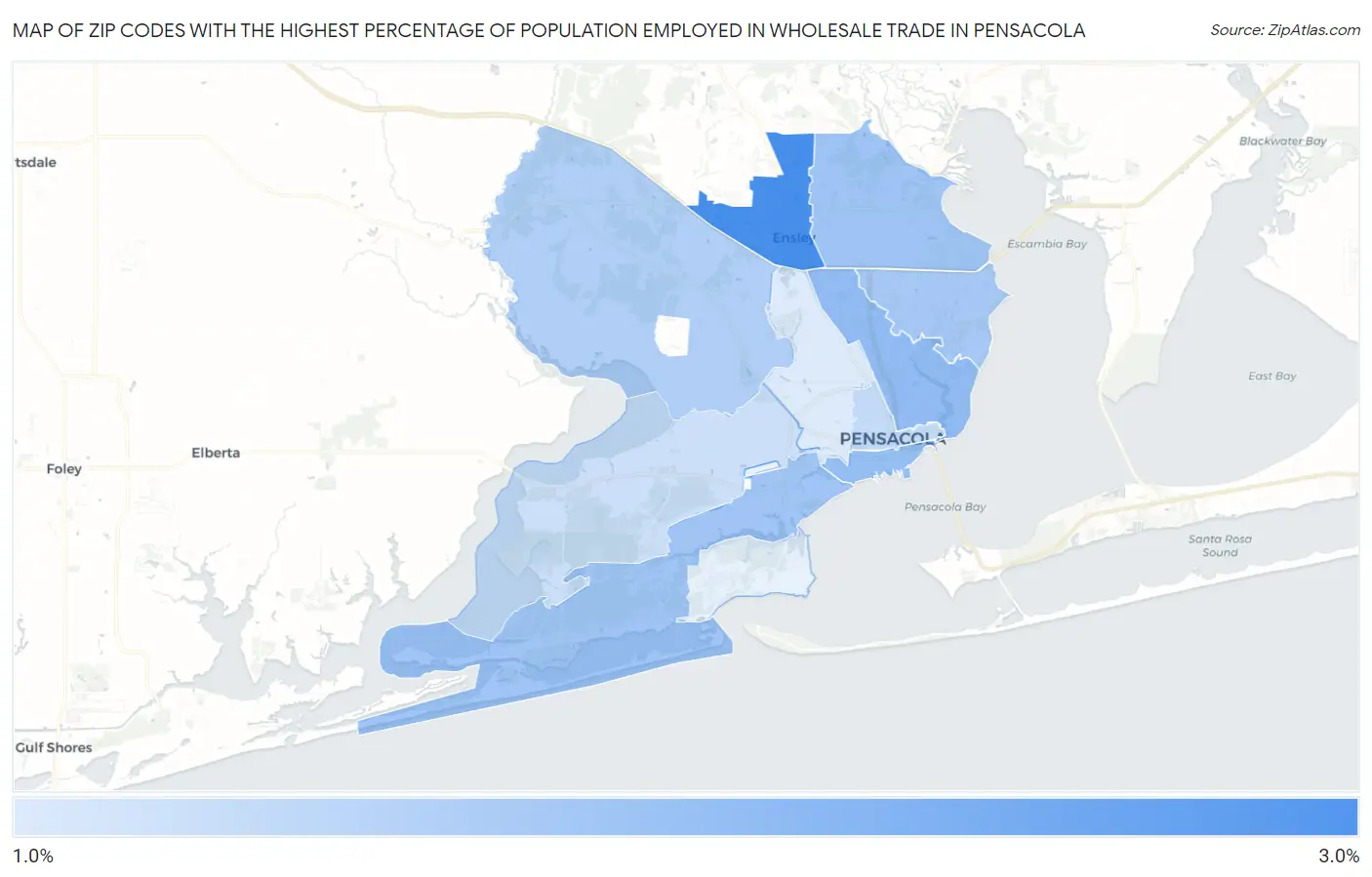 Zip Codes with the Highest Percentage of Population Employed in Wholesale Trade in Pensacola Map