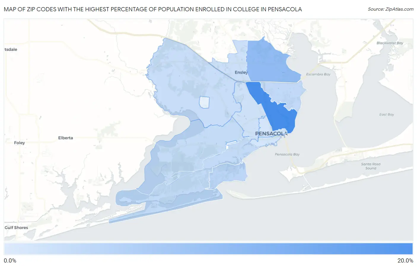 Zip Codes with the Highest Percentage of Population Enrolled in College in Pensacola Map