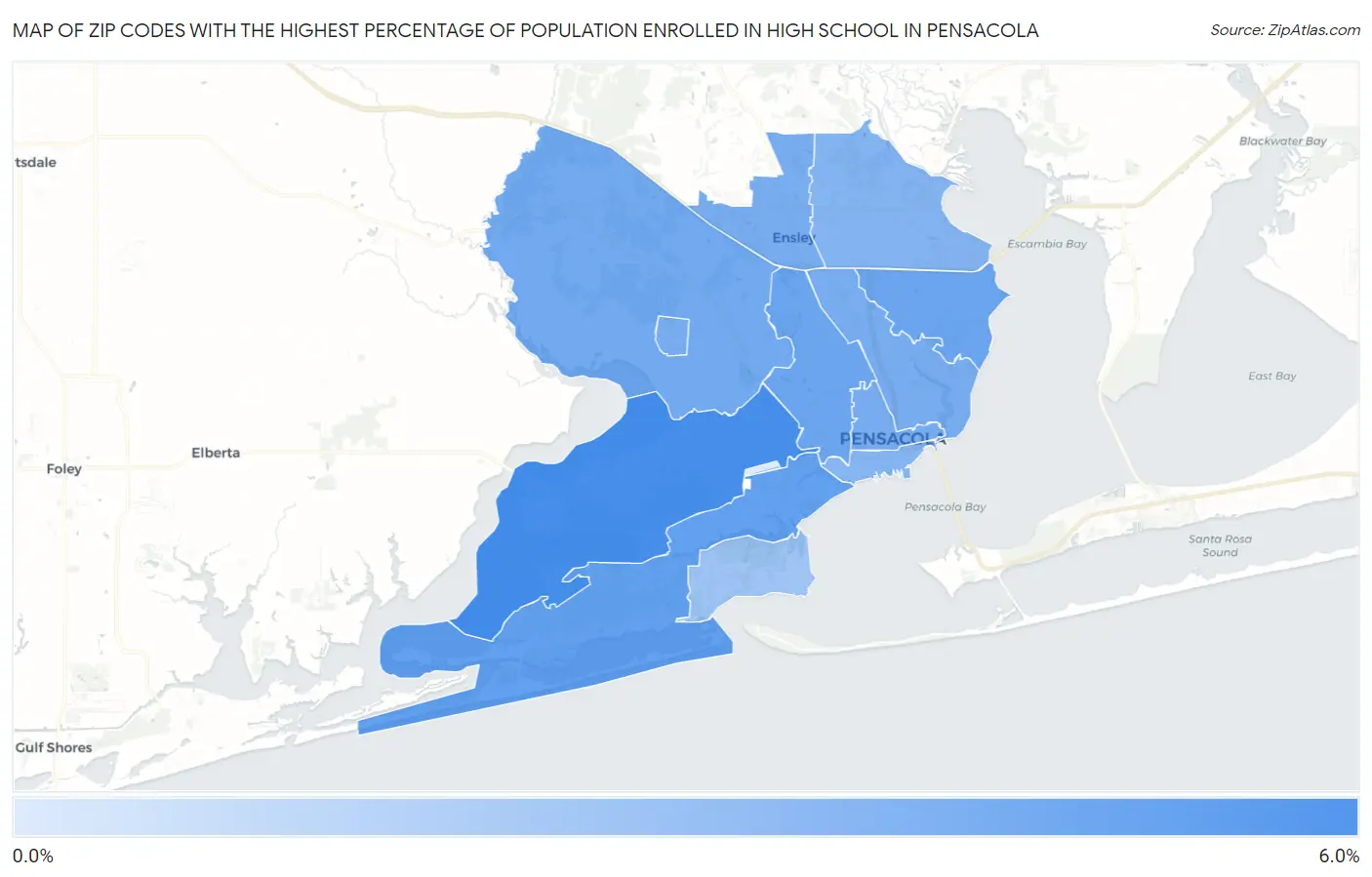 Zip Codes with the Highest Percentage of Population Enrolled in High School in Pensacola Map