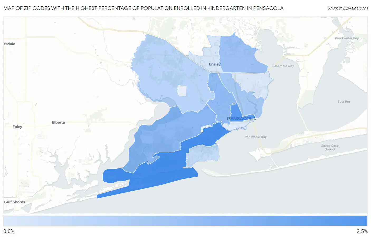 Zip Codes with the Highest Percentage of Population Enrolled in Kindergarten in Pensacola Map