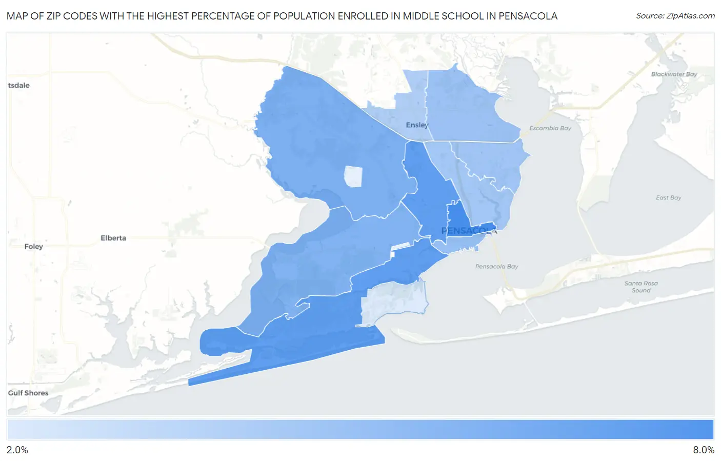 Zip Codes with the Highest Percentage of Population Enrolled in Middle School in Pensacola Map
