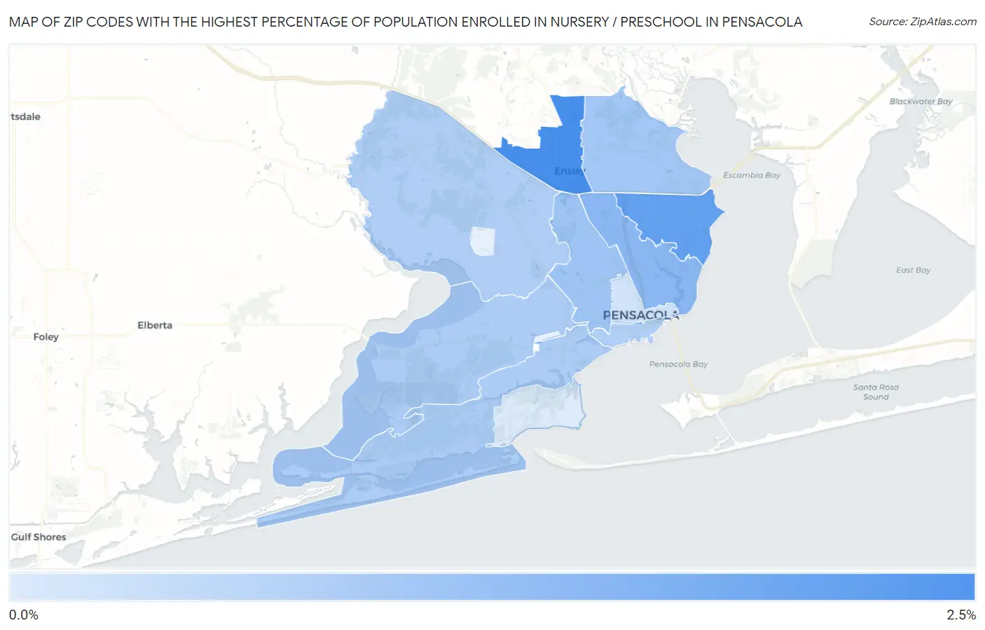 Zip Codes with the Highest Percentage of Population Enrolled in Nursery / Preschool in Pensacola Map