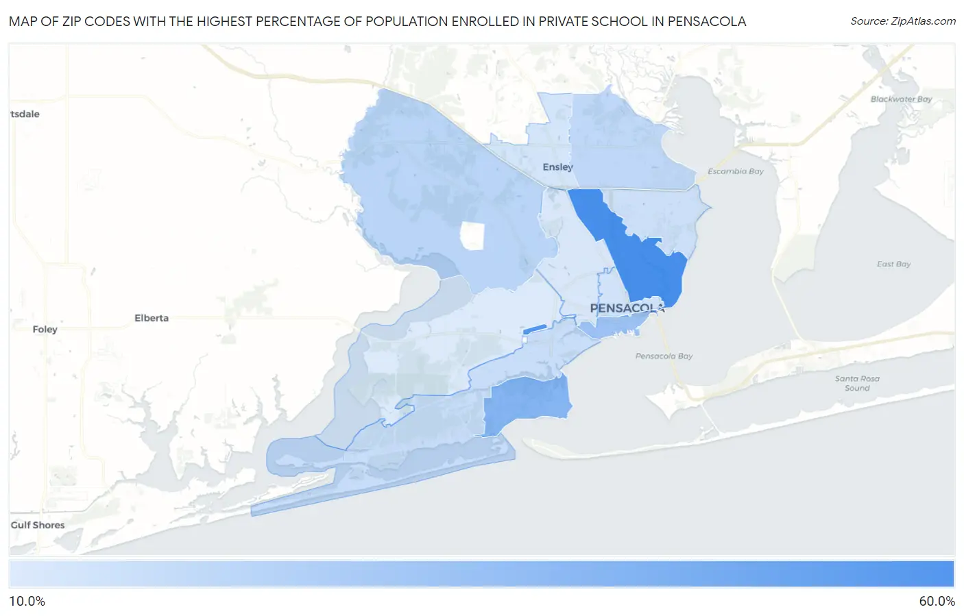 Zip Codes with the Highest Percentage of Population Enrolled in Private School in Pensacola Map