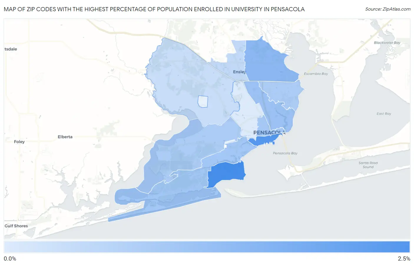 Zip Codes with the Highest Percentage of Population Enrolled in University in Pensacola Map