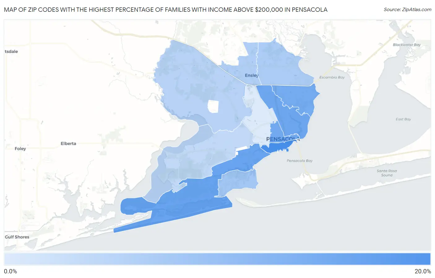 Zip Codes with the Highest Percentage of Families with Income Above $200,000 in Pensacola Map