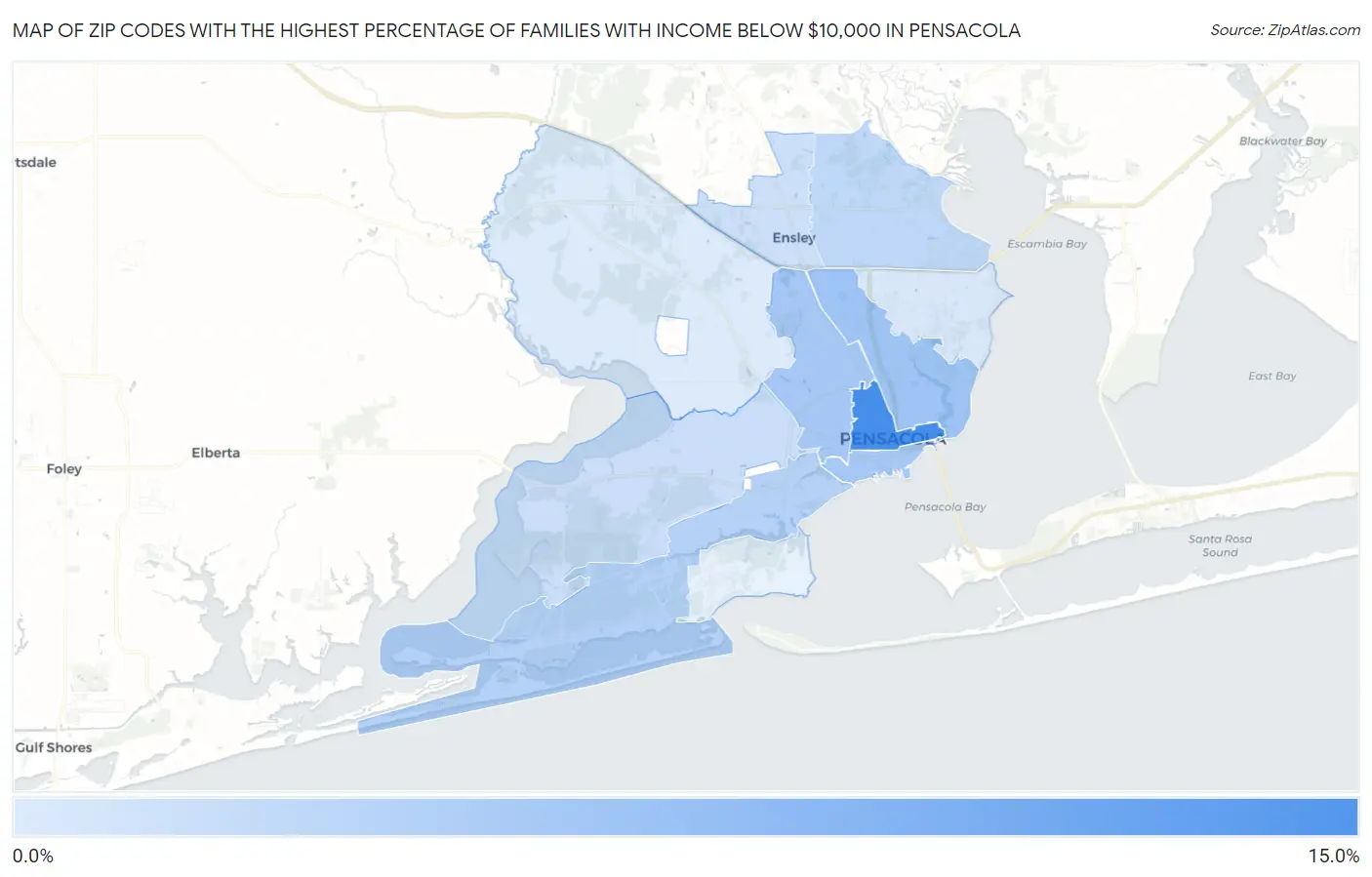 Zip Codes with the Highest Percentage of Families with Income Below $10,000 in Pensacola Map