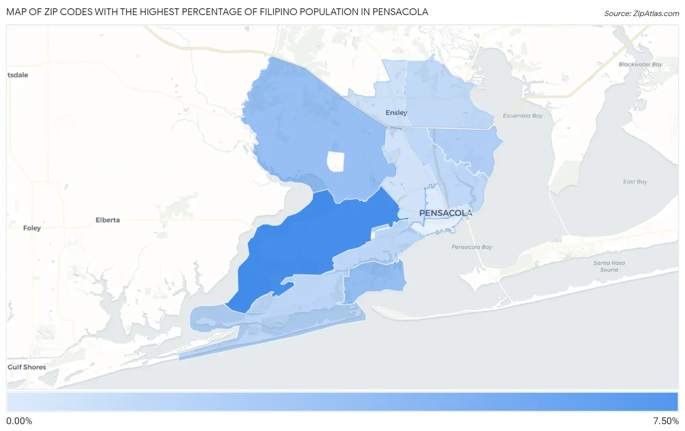Zip Codes with the Highest Percentage of Filipino Population in Pensacola Map