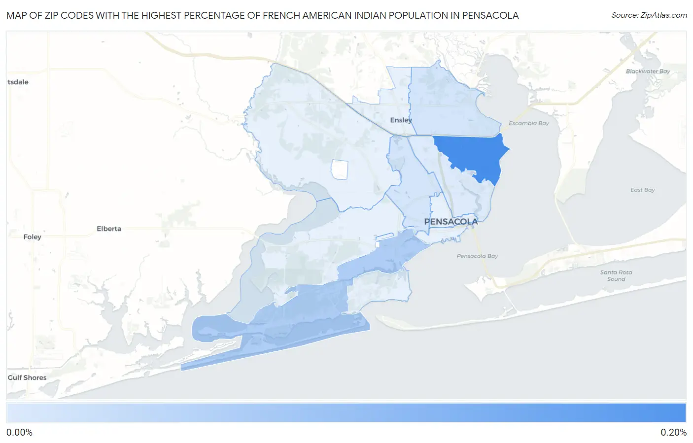 Zip Codes with the Highest Percentage of French American Indian Population in Pensacola Map