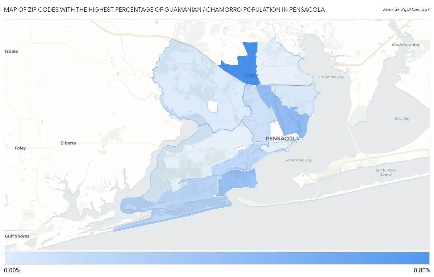 Zip Codes with the Highest Percentage of Guamanian / Chamorro Population in Pensacola Map