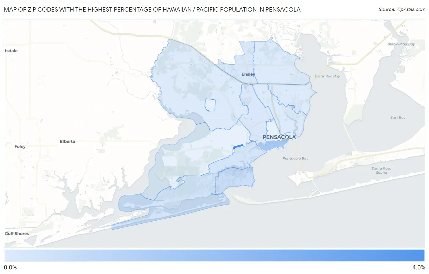 Zip Codes with the Highest Percentage of Hawaiian / Pacific Population in Pensacola Map