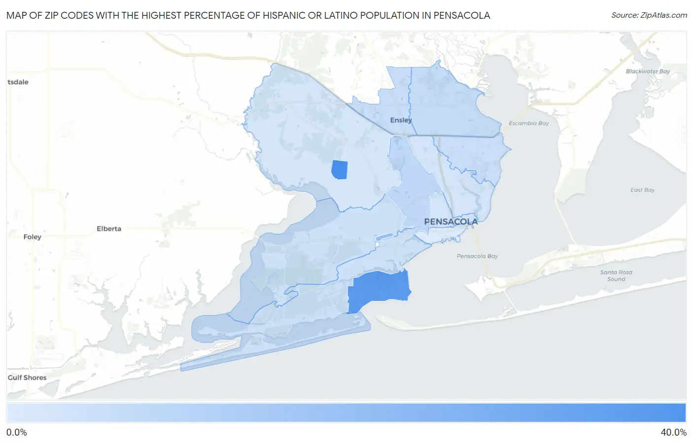 Zip Codes with the Highest Percentage of Hispanic or Latino Population in Pensacola Map