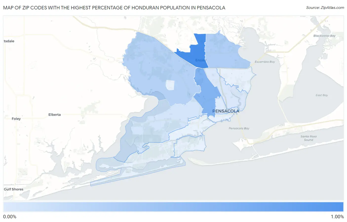 Zip Codes with the Highest Percentage of Honduran Population in Pensacola Map