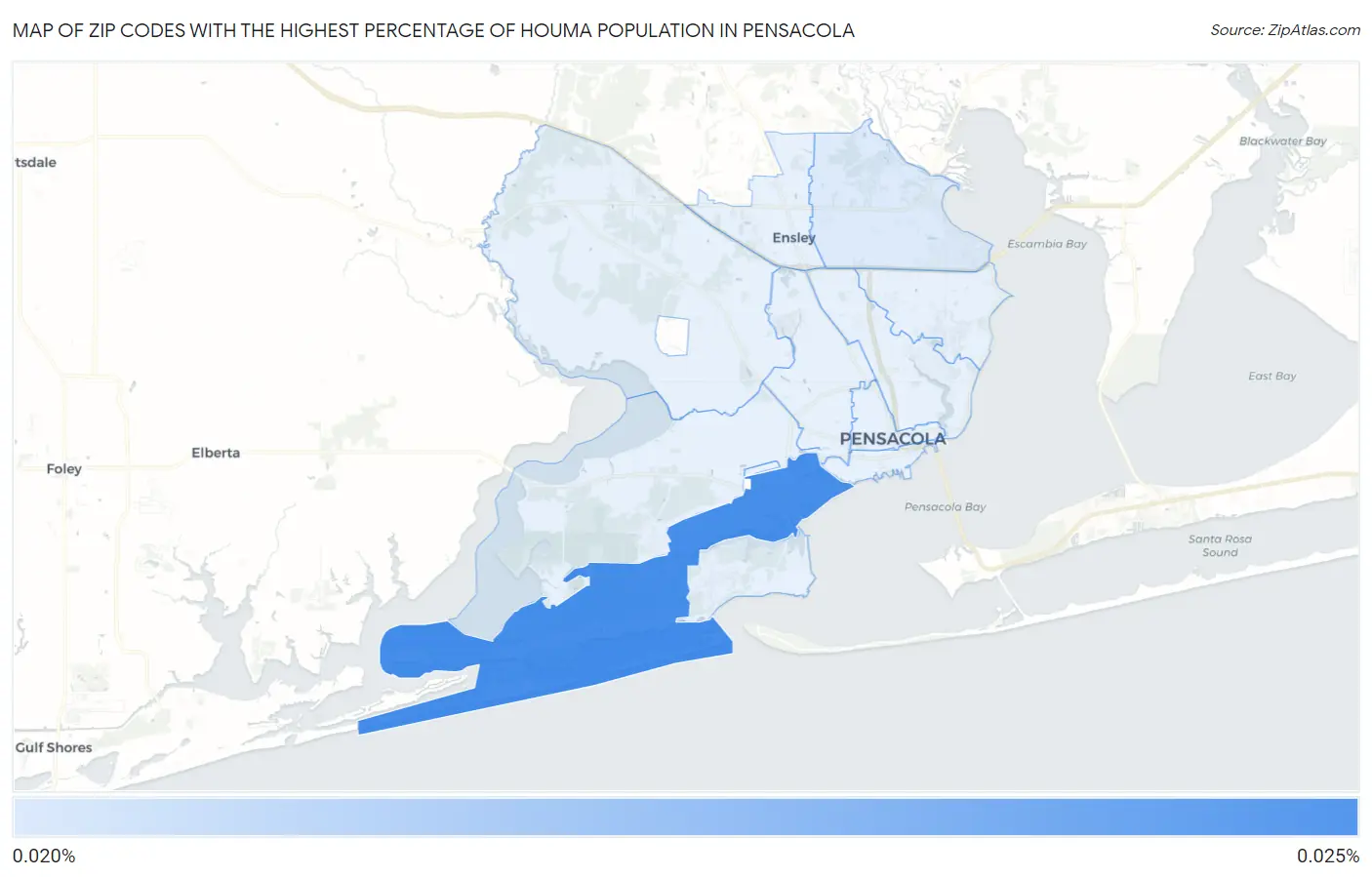 Zip Codes with the Highest Percentage of Houma Population in Pensacola Map