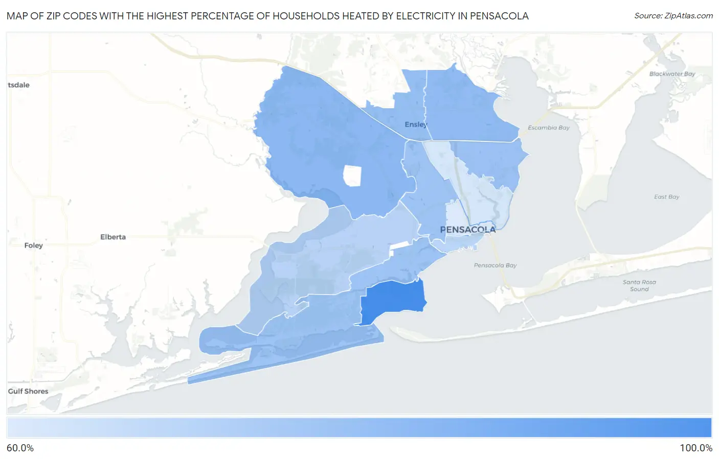 Zip Codes with the Highest Percentage of Households Heated by Electricity in Pensacola Map
