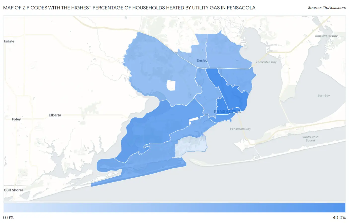 Zip Codes with the Highest Percentage of Households Heated by Utility Gas in Pensacola Map
