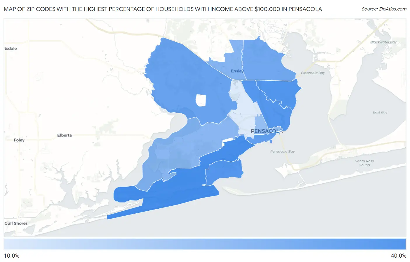 Zip Codes with the Highest Percentage of Households with Income Above $100,000 in Pensacola Map