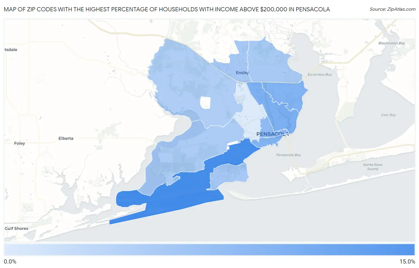 Zip Codes with the Highest Percentage of Households with Income Above $200,000 in Pensacola Map
