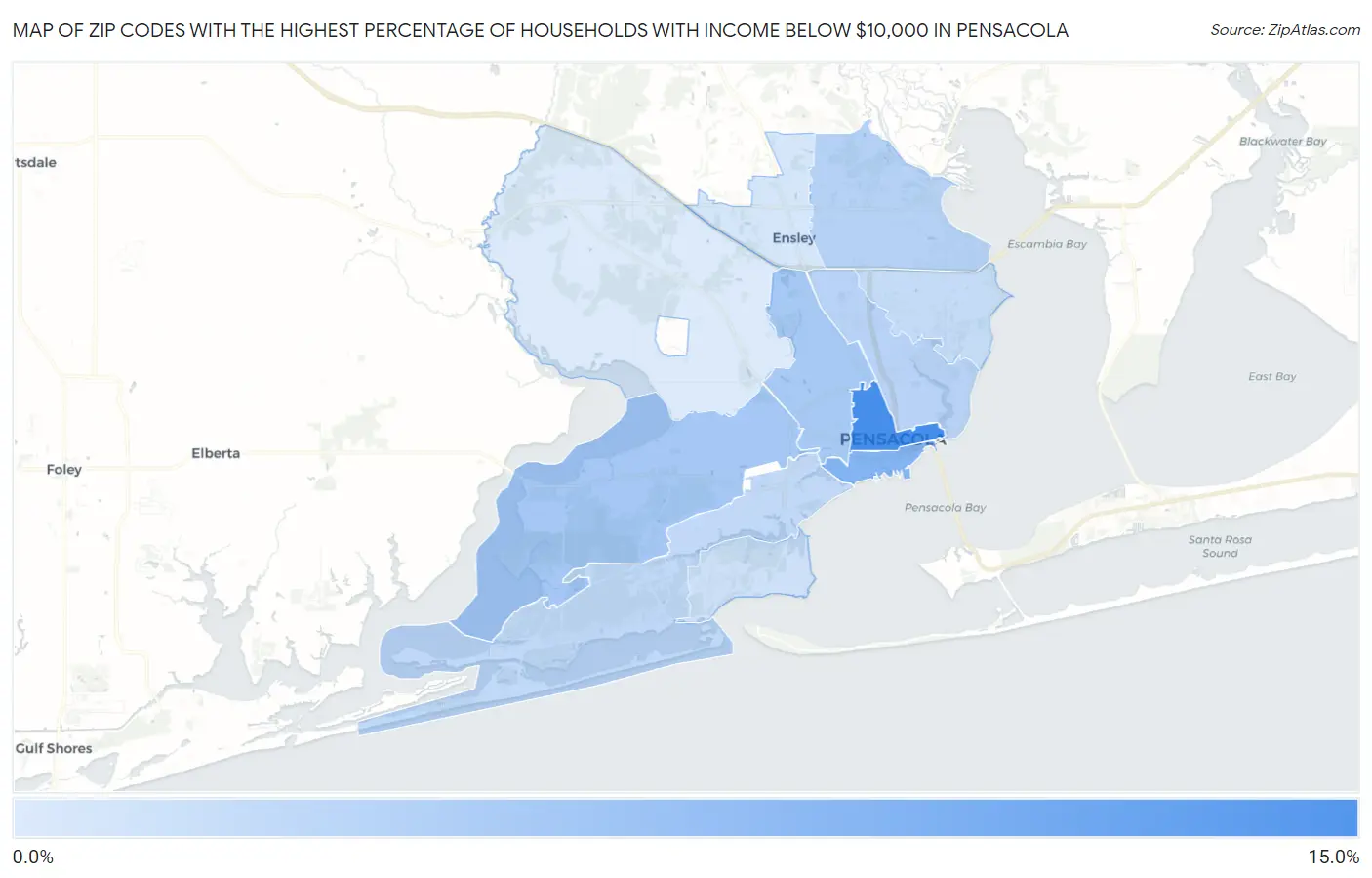 Zip Codes with the Highest Percentage of Households with Income Below $10,000 in Pensacola Map