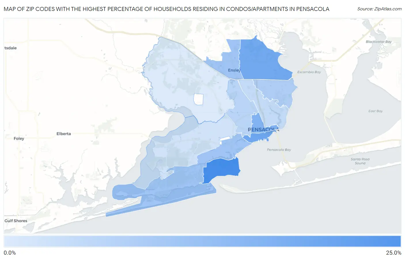 Zip Codes with the Highest Percentage of Households Residing in Condos/Apartments in Pensacola Map