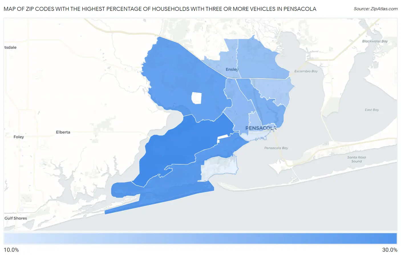 Zip Codes with the Highest Percentage of Households With Three or more Vehicles in Pensacola Map