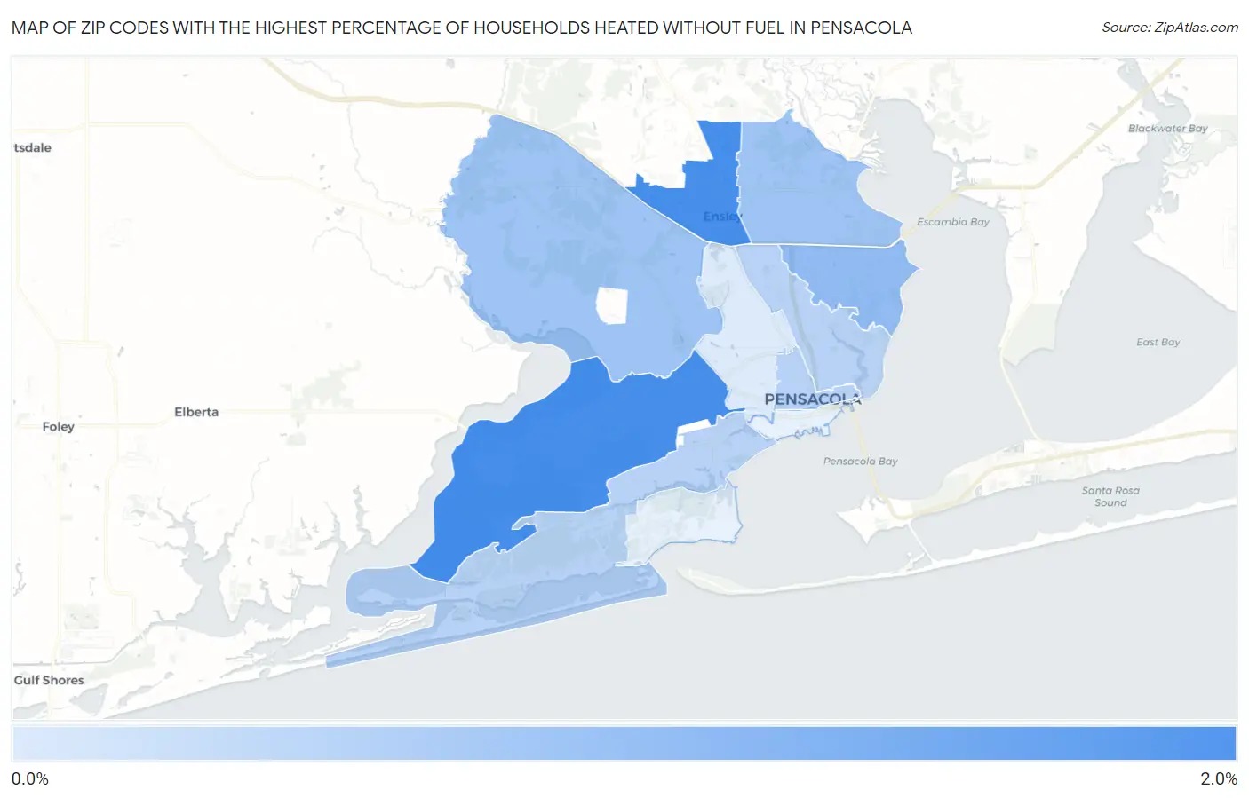 Zip Codes with the Highest Percentage of Households Heated without Fuel in Pensacola Map