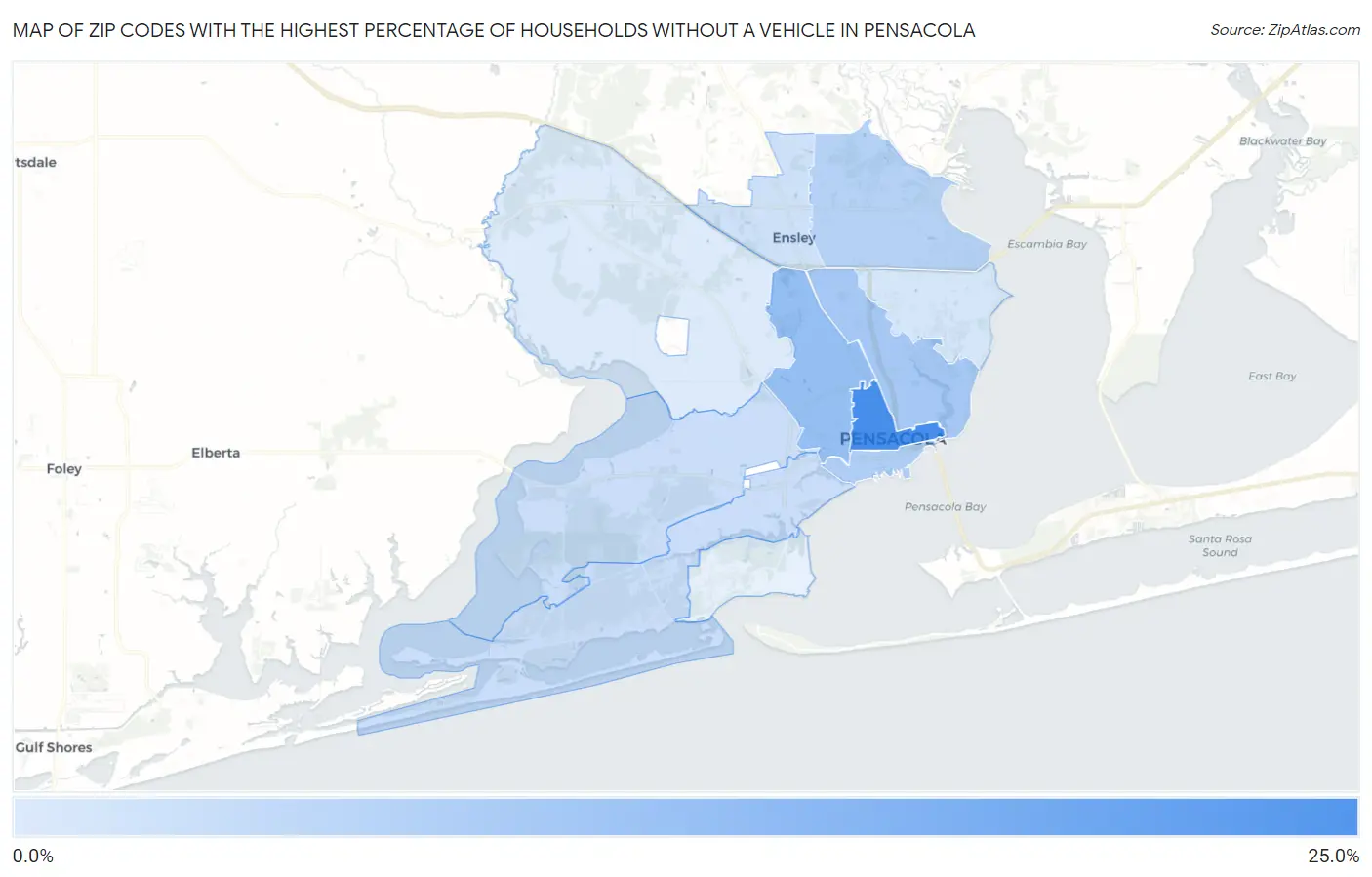 Zip Codes with the Highest Percentage of Households Without a Vehicle in Pensacola Map