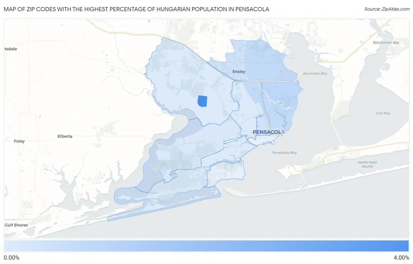 Zip Codes with the Highest Percentage of Hungarian Population in Pensacola Map