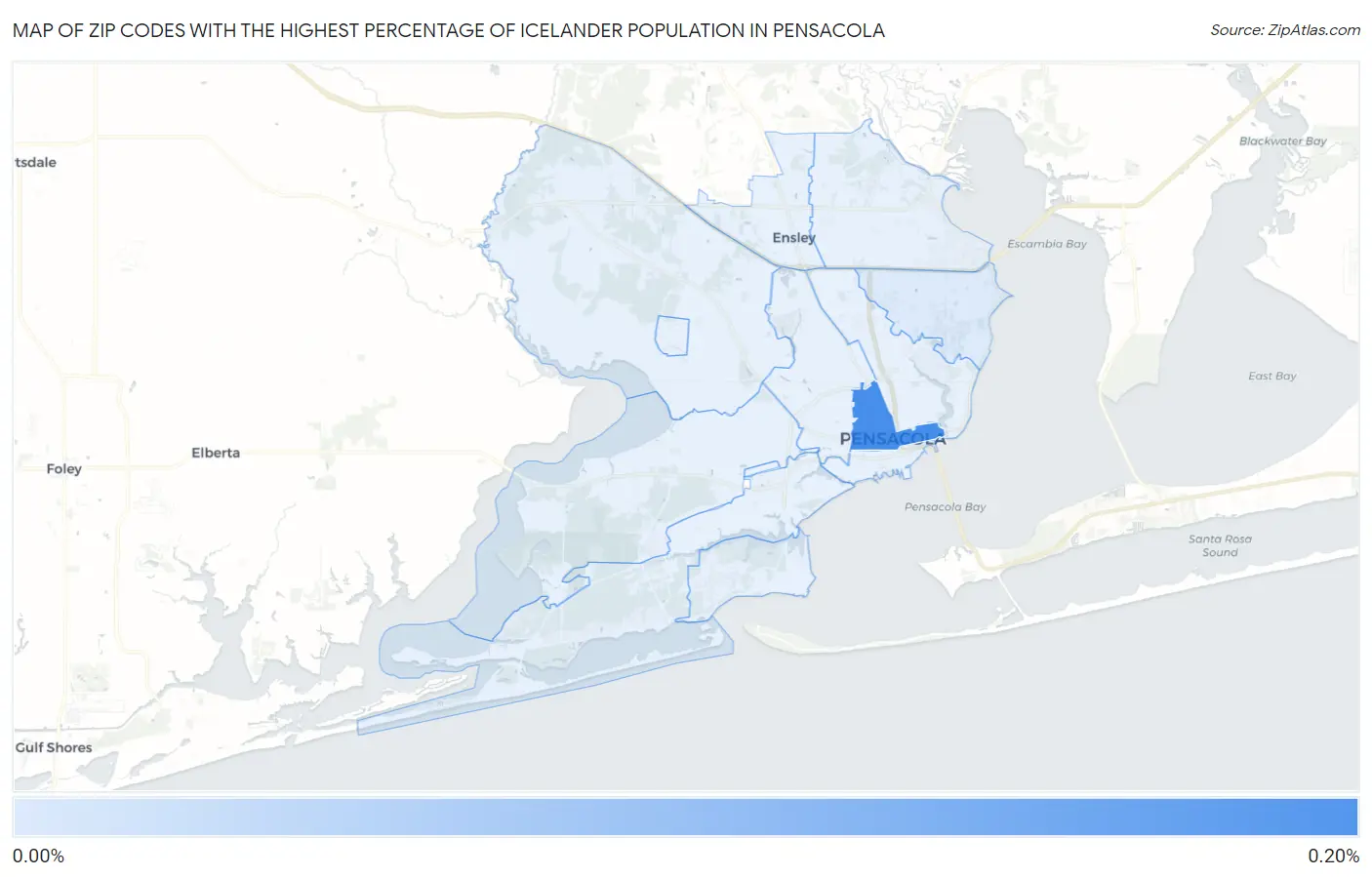 Zip Codes with the Highest Percentage of Icelander Population in Pensacola Map