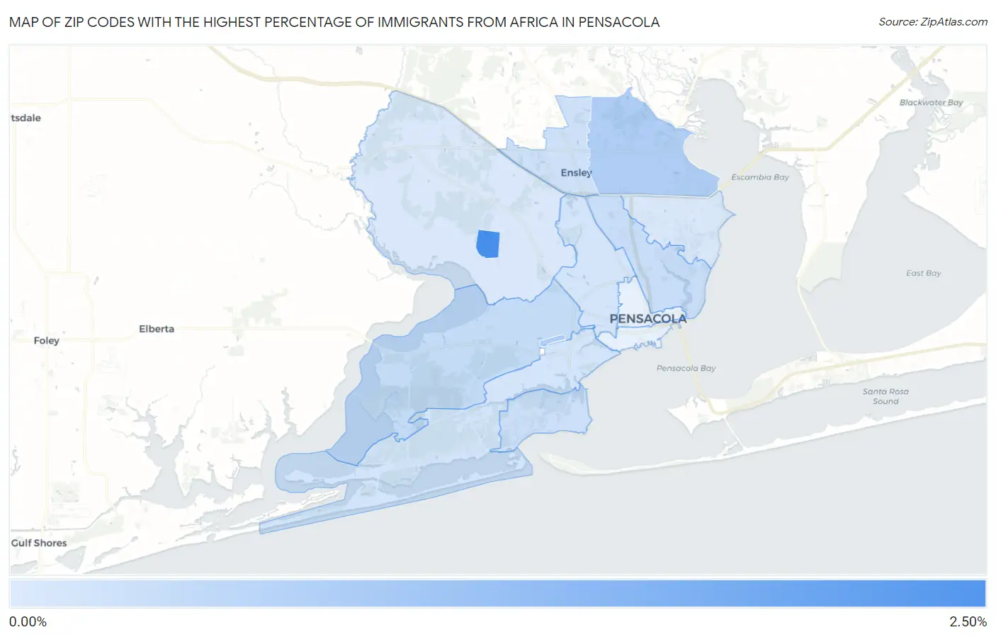 Zip Codes with the Highest Percentage of Immigrants from Africa in Pensacola Map