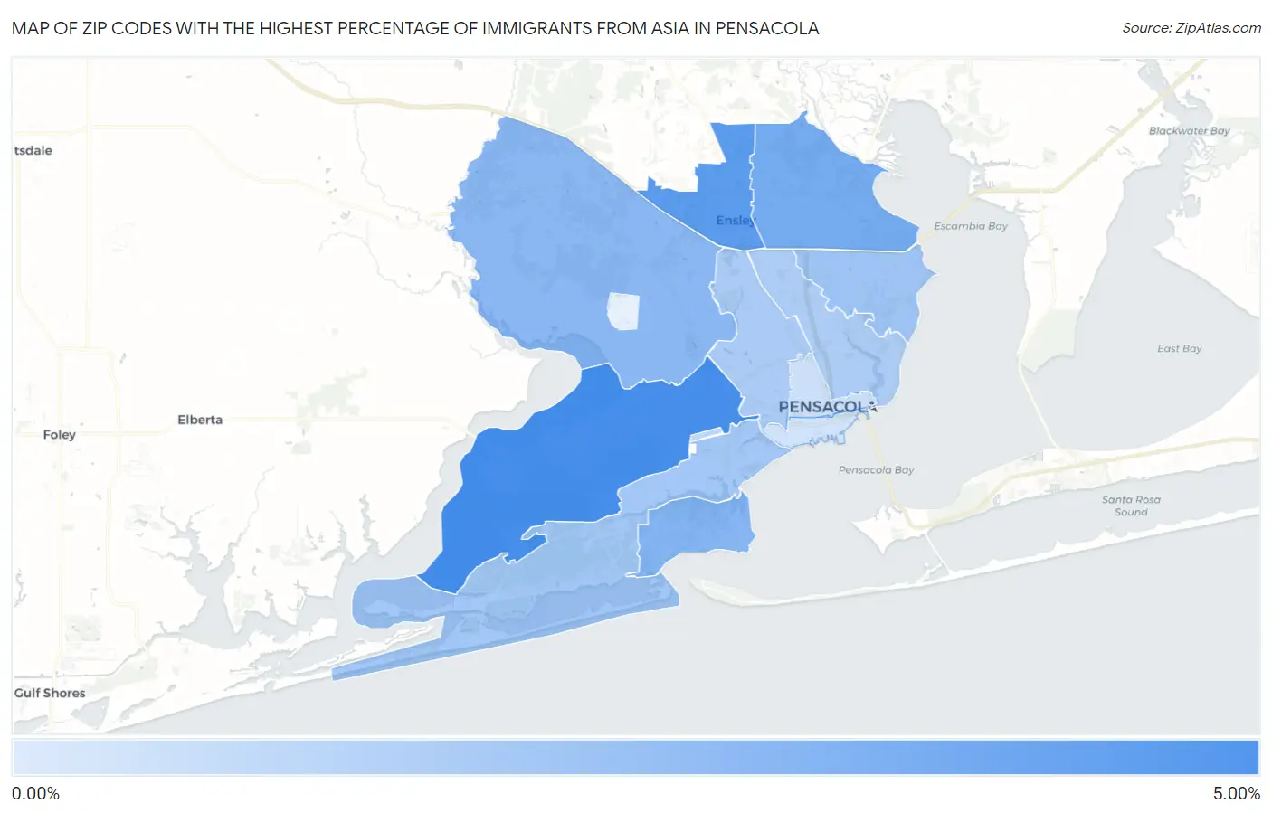 Zip Codes with the Highest Percentage of Immigrants from Asia in Pensacola Map